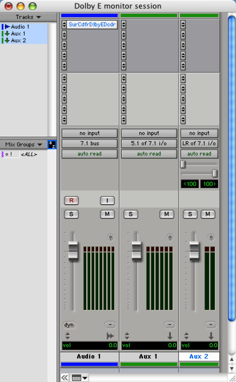 Using the Decoder in Pro Tools Your mixer will now look like Figure 3-31. Figure 3-31 The inputs and outputs must be assigned as follows: The output of the 7.1 channels strip goes to the 7.