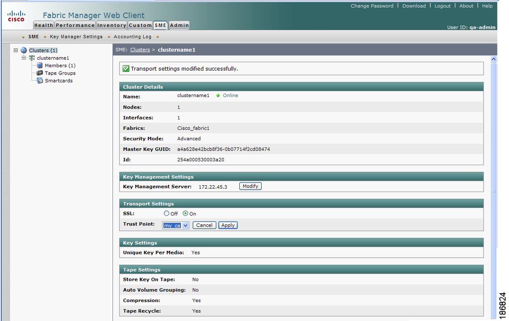 Chapter 6 Migrating a KMC Server Step 3 Update the cluster with the new KMC server details when the new KMC server is active. a. Go to the Fabric Manager Web Client and click the SME tab. b.