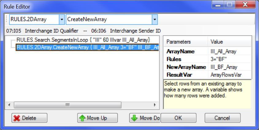 CreateNewArray Selects rows from an existing array to make new array. A variable shows how many rows were added.