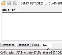 Saving your Map 1. Choose File Save As and navigate to Translator s Database directory. Maps must be stored there. 2. Name it DEMO_837AQ120_to_CLAIMSUM_FF.