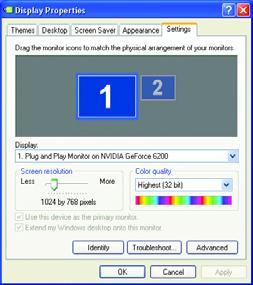 The Display Properties dialog box shows the information of display adapter, color, the range of display area, and the refresh rate.