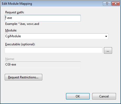 Double click on CGI-exe. Make sure that Executable is blank. Click on Request Restrictions.