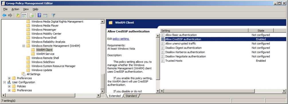5. Setup WinRM client. Go to Computer Configuration -> Policies -> Administrative Templates -> Windows Components -> Windows Windows Remote Management (WinRM) -> WinRM Client.