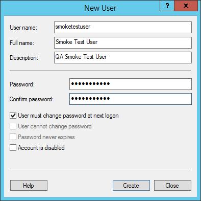 c. Create the username and password for your smoke test user. Determine password requirements and select Create. 3.