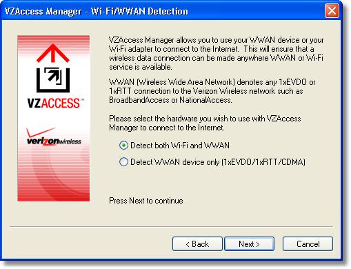 7 Verizon Wireless VZAccess Manager Step 3 In this step of the Setup Wizard you must specify the type of wireless device that you intend to use with VZAccess Manager.
