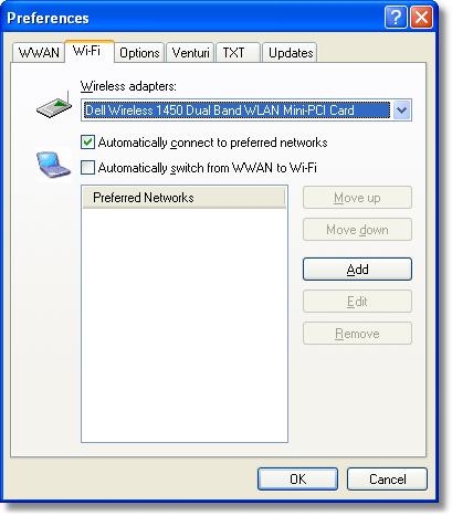 VZAccess Manager Preferences 42 Wi-Fi Preferences in Windows Vista Wireless adapters: In the rare case you have more than one Wi-Fi adapter, you can select the Wi-Fi adapter you are using.