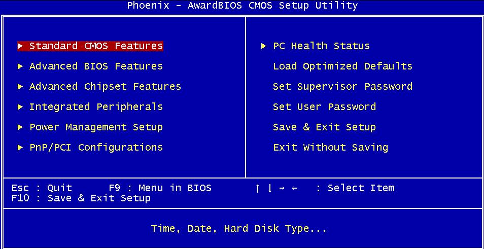 Standard CMOS Features Use this menu for basic system configuration. Advanced BIOS Features Use this menu to set the Advanced Features available on the system.