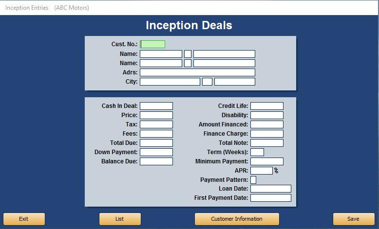 Autosoft FLEX DMS Cashier Enter Deal Information The Enter Deal Information button opens the Inception Deals screen.