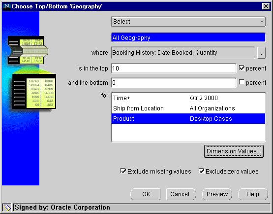 Selecting Time Values by Range Example: Selecting top and bottom values The following illustration shows the Choose Top/Bottom Values dialog box.