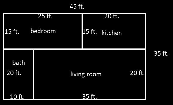 Lesson 5 6. The figure below shows a floor plan of a new apartment. New carpeting has been ordered, which will cover the living room and bedroom but not the kitchen or bathroom.