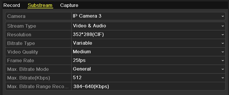 Figure 5. 4 Substream Encoding 2) Configure the parameters of the camera. 3) Click Apply to save the settings. 4. Encoding Parameters Settings for Capture 1) Select the Capture.