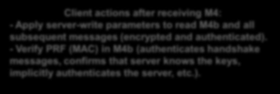 - Verify PRF (MAC) in M4b (authenticates handshake messages, confirms that server knows the keys, implicitly authenticates the server, etc.). Server actions after receiving M3: - Authenticate the client: Verify the client's certificate chain and the client's signature in M3c.