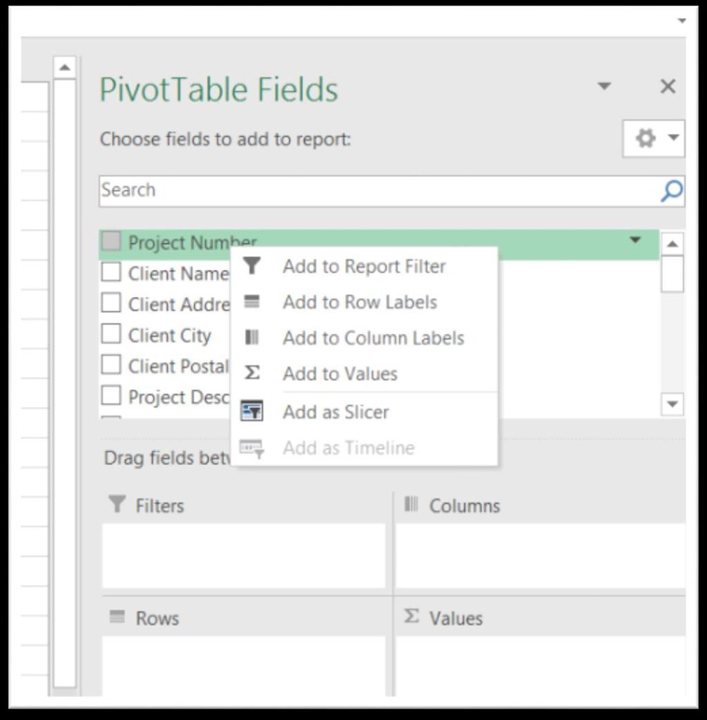 We can set up the actual layout for the pivot table by either clicking on and dragging the field names to one of the four boxes, or clicking on each of the columns