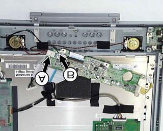 Disconnect the speaker cable assy (A) and the brightness control