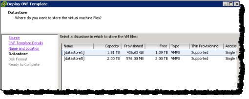 In this pane, you select a data store where you want to deploy the VM and click Next. Skip to the next step if your host has only one datastore.