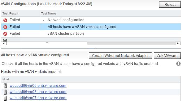 the issue configuration issue and includes the Create VMkernel Network Adapter button. Clicking this button initiates the process of configuring the vsan vmknics on a virtual distributed switch.