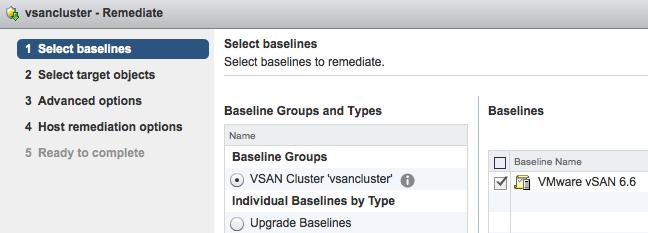 A vsan Cluster baseline group is created using information from the VMware Compatibility Guide and underlying hardware configuration.