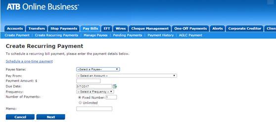 Create a recurring bill payment 1. Click Pay Bills, click Create Recurring Payment. 2.