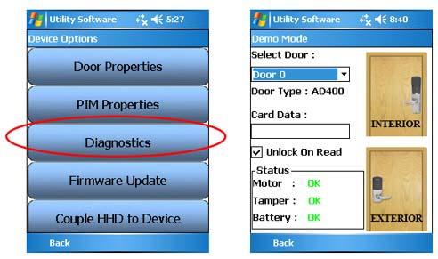 5.0 Testing the Lock for Normal Operation 1. On the HHD select Device Options > Diagnostics 2. Observe the graphics on the HHD while performing the actions listed below.