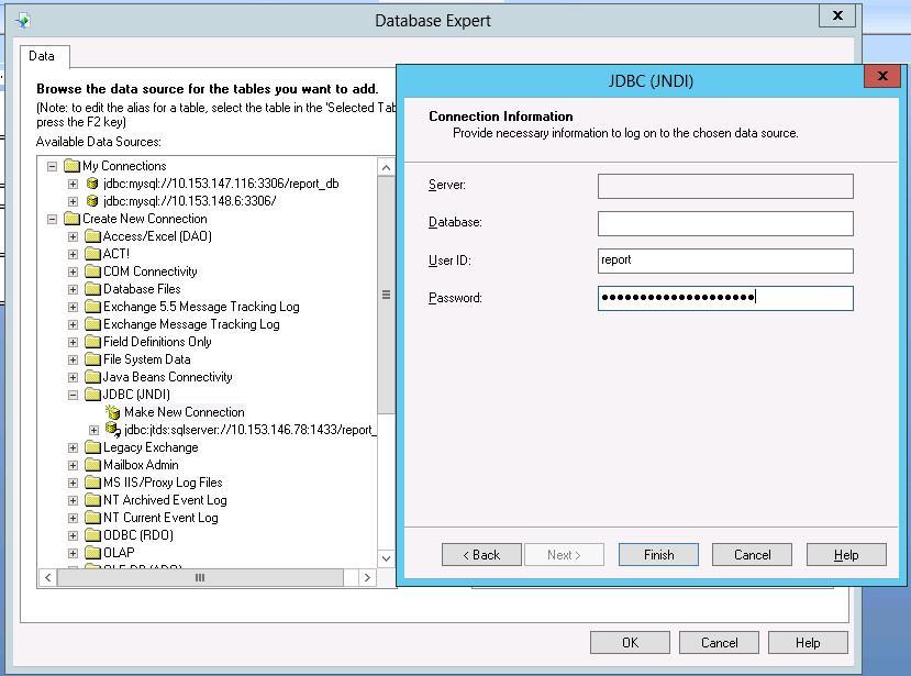 Figure 14 Configuring the user credentials 7. In the Database Expert dialog box, expand the newly created JDBC connection sqlserver.