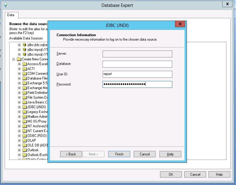 Figure 23 Specifying the user credentials for the connection iar automatically connects to the data source and displays the obtained database tables under the sqlserver JDBC connection in Create New