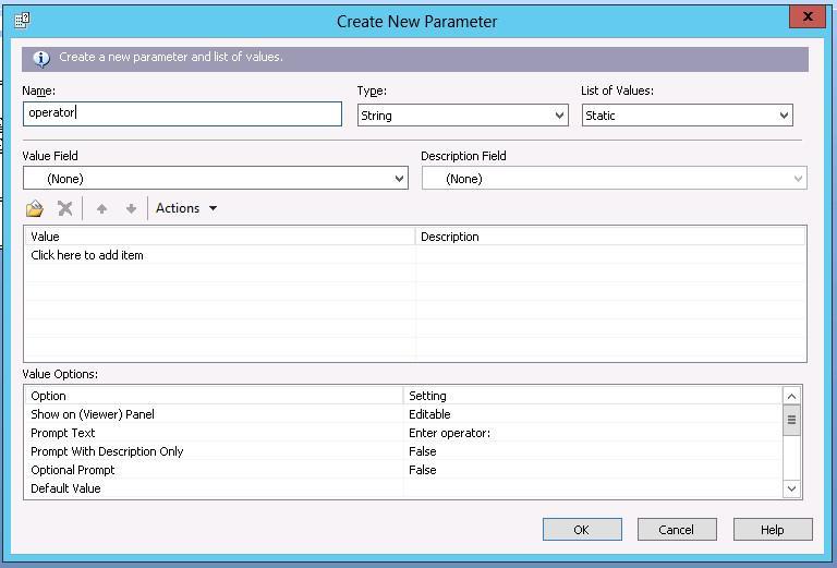 b. In the Create New Parameter dialog box, configure the parameters as shown in Figure 30: Enter operator in the Name field.