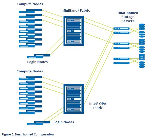 Implementing in Intel Omni-Path Architecture Fabrics Dual-homed In the dual-homed approach, an Intel OPA connection is provided directly from the file system server, providing the best possible