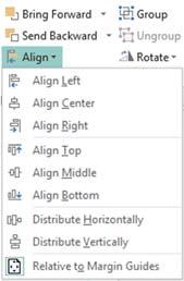 Horizontal alignments are controlled by Align Left, Align Center, Align Right, and Distribute Horizontally.