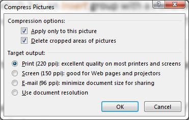 Compression of Pictures The Compress Pictures icon in Word, Excel, and PowerPoint opens the dialog box at left; the dialog box from Microsoft Publisher is to the right.