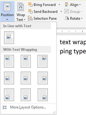 The Position icon (left) has a choice between displaying the image In Line with Text or positioning the image at a fixed location on the page with text wrapping around it.