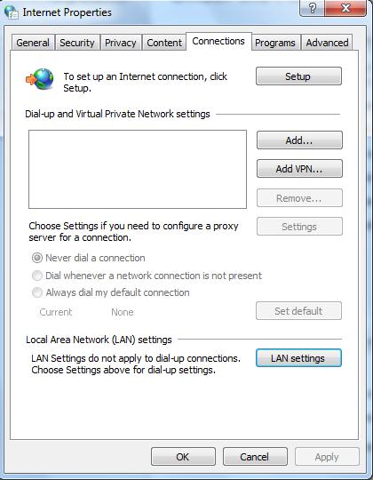 Select the 'Use this proxy server' Press the 'Change proxy settings' 'Connection' tab in