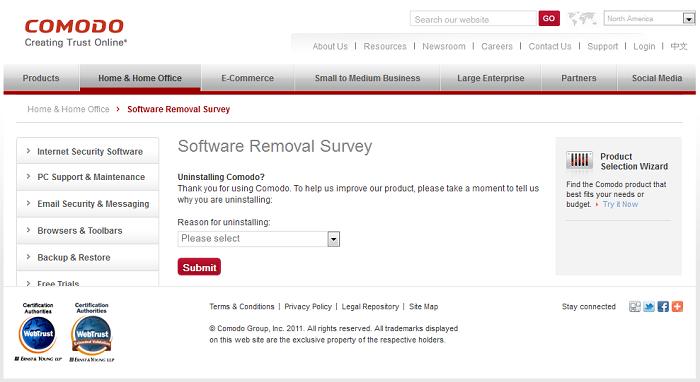 The Comodo feedback web page will appear.
