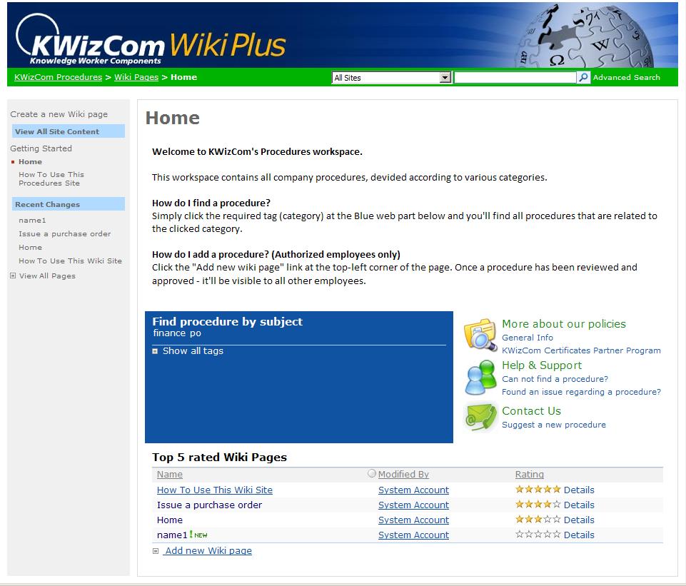 Wiki Plus site home page Wiki Plus home page is the main entry point to your wiki solution. Its purpose is to enable you to easily find wiki pages.