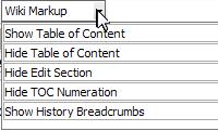Insert wiki markup into the page. This drop-down includes various wiki markup shortcuts, enabling less experienced wiki users to enter wiki markup easily. Insert table.