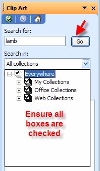 The Clip Art task pane will pen. In the Search fr bx, type the wrd lamb.
