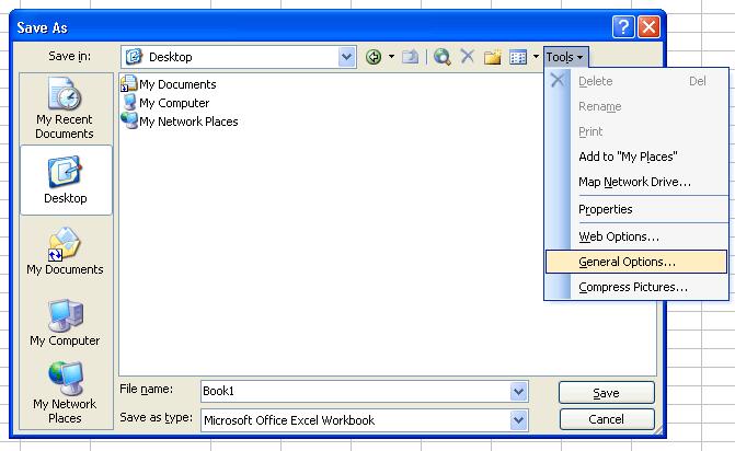 Protecting your files (password to open) When you first try to save your work, or when you select File > Save As, the Save as dialog box appears. Click on the Tools option and choose General Options.