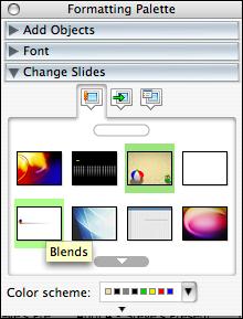 Design Template Feature 1. To apply a design template: a. Go to the Formatting Palette and select Change Slides from the toolbar b. Select the template that you want and click on it once.