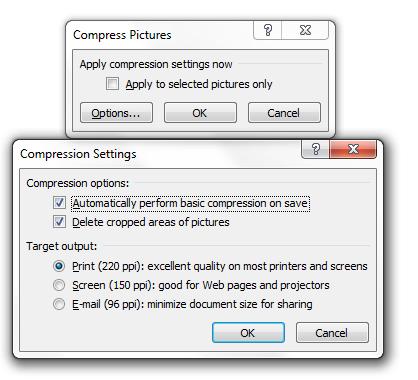 COMPRESS IMAGES Even when an image is inserted into Word, it can still be an inefficient file. If the image has been cropped after insertion, the cropped portion of the image is still in the file.