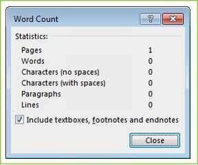 Word Count Go to Review Tab > Proofing Box > Word Count. This will give you the total number of words in your document.