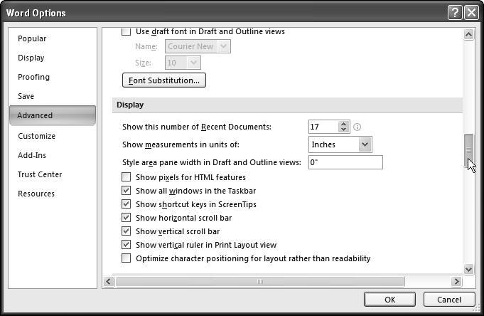 3. In the left pane of the Word Options window, click Advanced to view the Advanced category of Word options. 4.