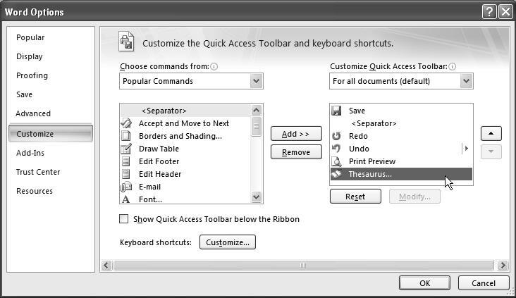 In the Customize Quick Access Toolbar list, click More Commands 10. The Customize page of the Word Options window will appear.