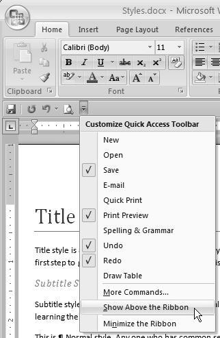 Notice that the Quick Access Toolbar now appears between the Ribbon and the top of the document window. 6.