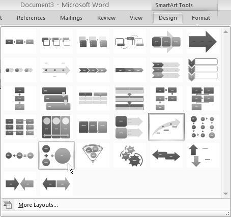 In the SmartArt Tools, Design Pane, Layouts group, click the