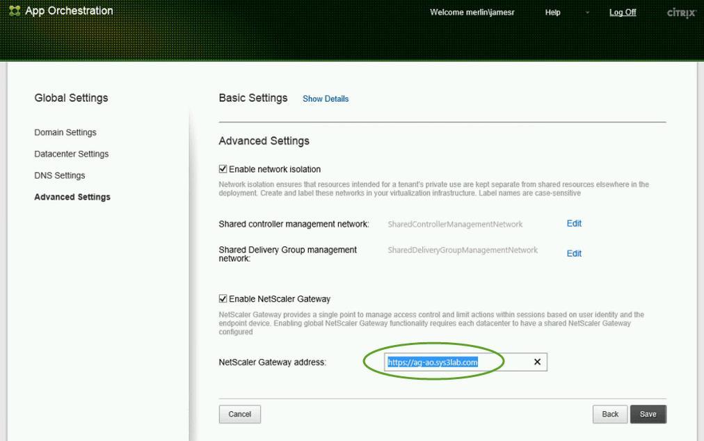 2. On the Advanced Settings page, make sure the Enable NetScaler Gateway box is selected. Enter your NetScaler Gateway URL and click Save.