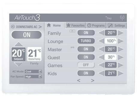 2) Wall Controller Layout (Touch Screen) The home screen of the AirTouch 3 s touchpad normally displays groups status, temperature and set point, dampers open percentage with adjusting buttons,