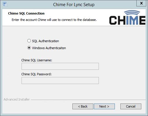 CONFIGURE DATABASE SERVICE ACCOUNT Figure 9: Configure Database Service Account 1. Choose the authentication scheme Chime will use to connect to the database. If using SQL Authentication: a.
