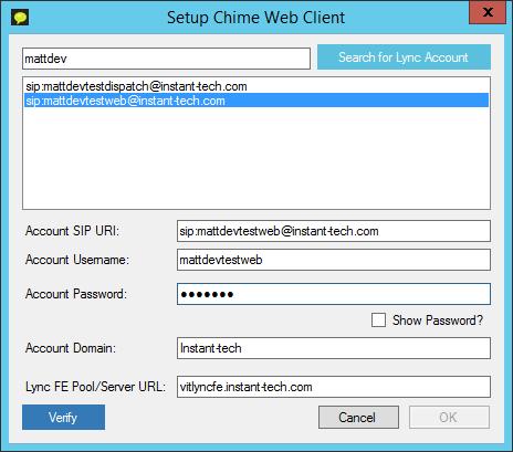 SETUP WEB CLIENT (OPTIONAL) There are two options in the configuration wizard for setting up the Web Client: 1. Setup the Chime on premise web client uses your on premise Lync Server 2.