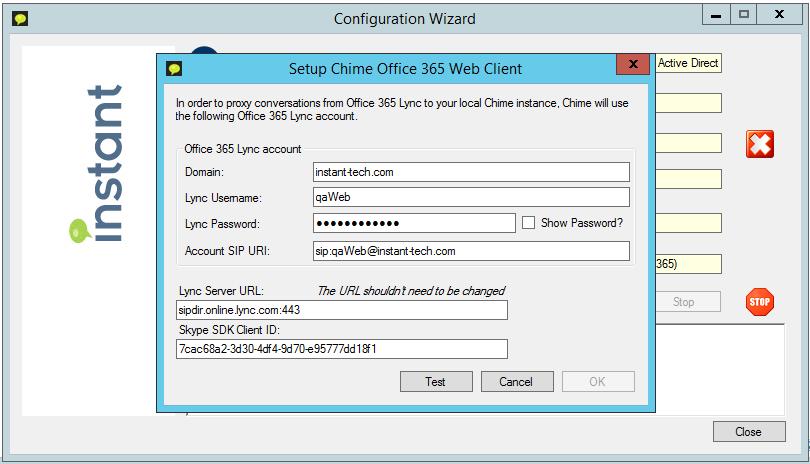 Click OK once the information has been verified to save the values and close the window. Figure 22: Web Client Configuration Account SIP URI: The SIP URI for a Lync-enabled Office 365 account.