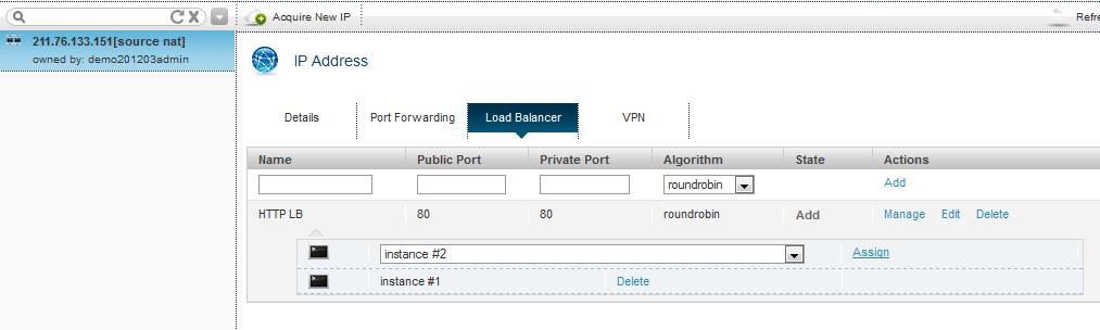(4) To assign virtual instance for load balancer, click Manage in the newly created load balancing rule (5)