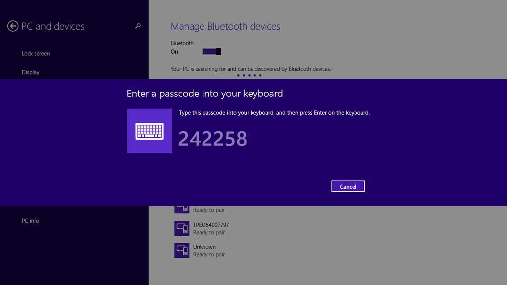 Bluetooth Connection Examples C - 7 Windows 8 Pairing Example 1. Press the scan button (+) to wake the scanner. 2. Press and hold the Bluetooth button for five seconds.